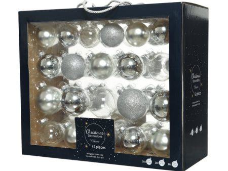 Box Of 42 Silver Mixed, Shiny, Matt & Glitter Baubles on Sale