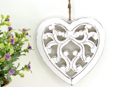 White Filigree Chunky Hanging Wooden Heart on Sale