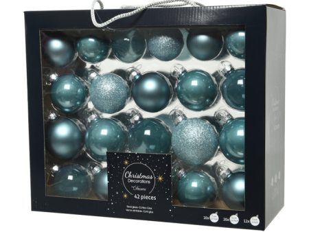 Box Of 42 Blue Dawn, Mixed, Shiny, Matt & Glitter Baubles For Cheap