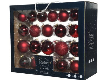 Box Of 42 Oxblood Mixed, Shiny, Matt & Glitter Baubles For Cheap