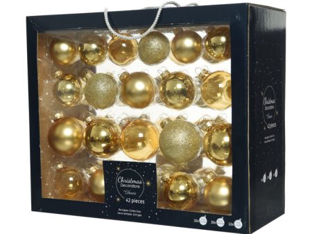 Box Of 42 Gold Mixed, Shiny, Matt & Glitter Baubles on Sale