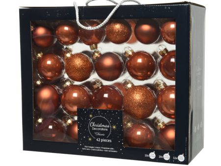 Box Of 42 Terracotta, Mixed, Shiny, Matt & Glitter Baubles on Sale